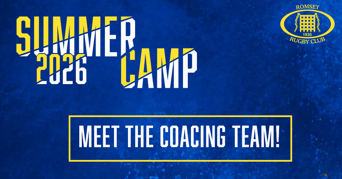 Summer Camp 2026 Meet the Coaching team graphic with yellow and white writing, yellow rectangle and Romsey RC logo